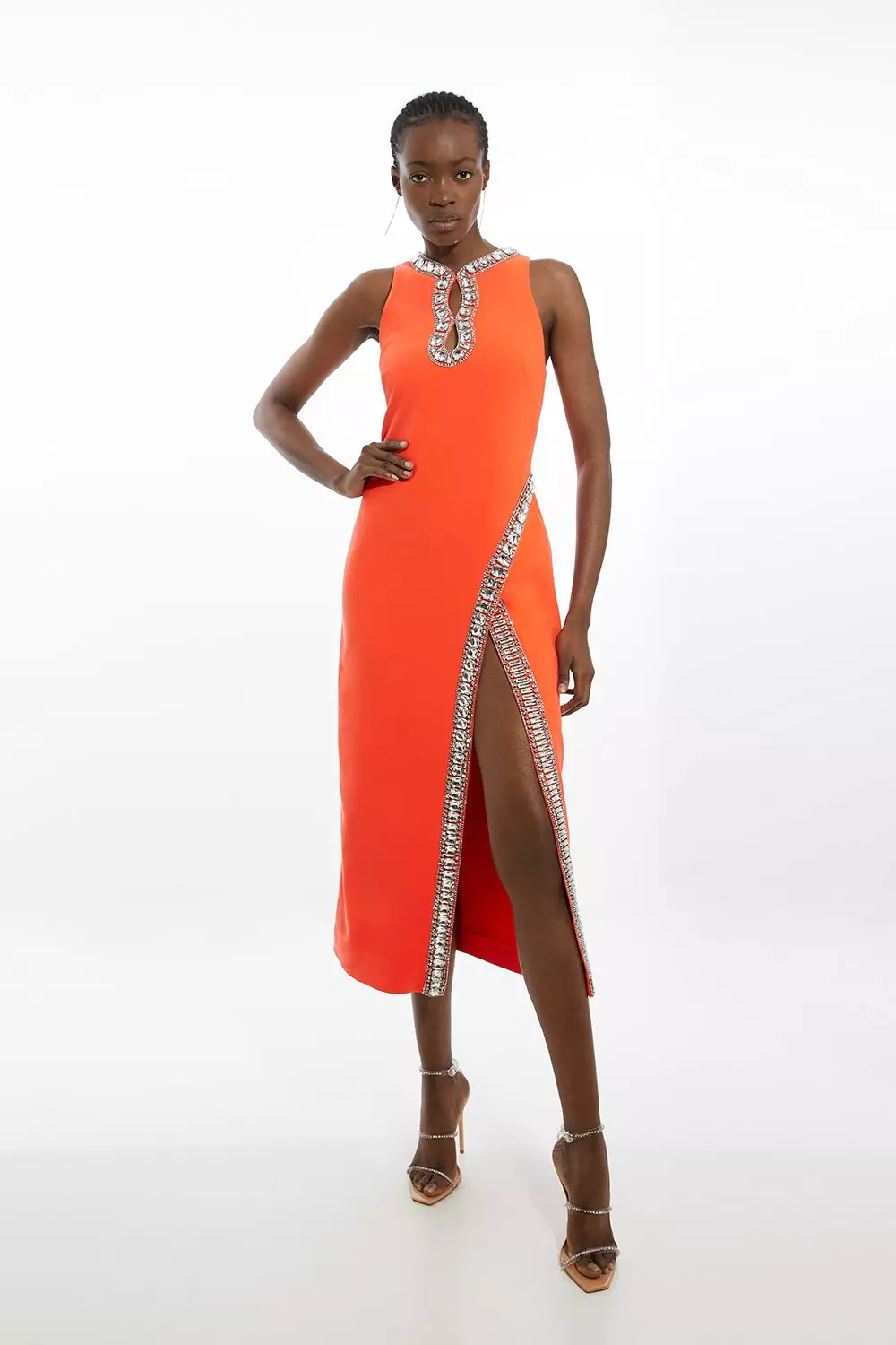 【KAREN MILLEN】花柄 オーガンジー ミディワンピース【送関込】 Crystal Embellished Keyhole Woven Midi Dress | Karen Millen